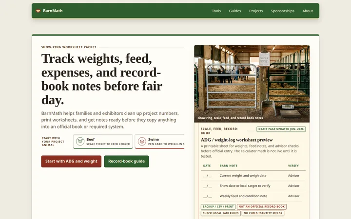 BarnMath livestock record-book worksheet and barn planning preview